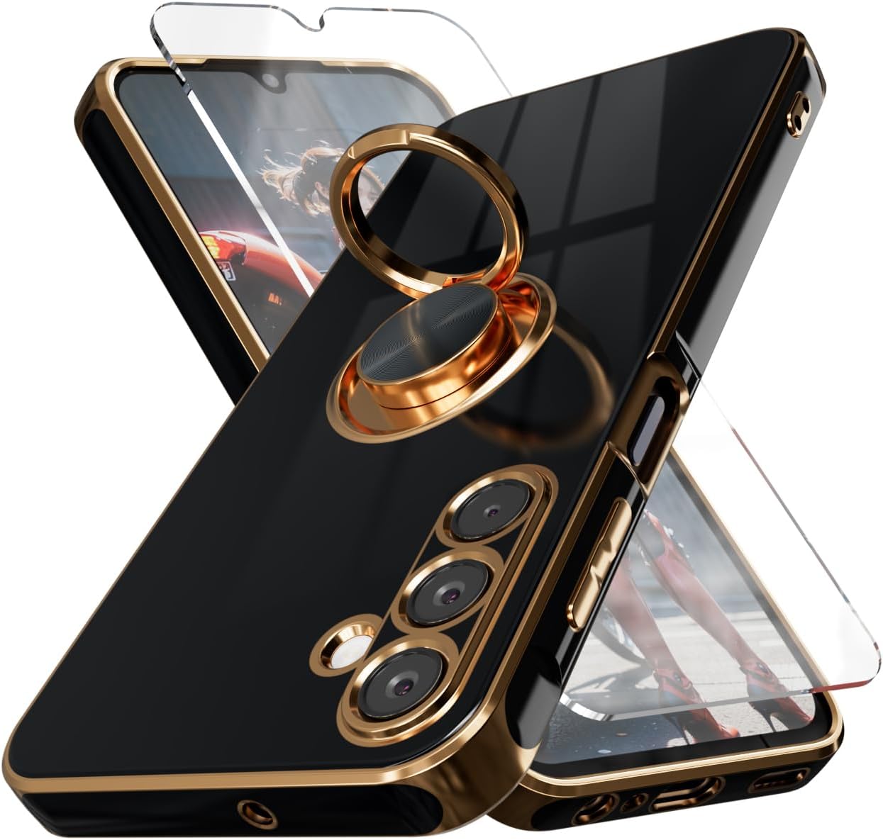 for Galaxy A15 5G Phone Case,+Screen Protector,with Magnetic Kickstand,Built-in 360° Rotation Ring Holder,Plating Gold Edge Slim Soft TPU Shockproof Protective Case for Samsung A15 5G, 6D Black