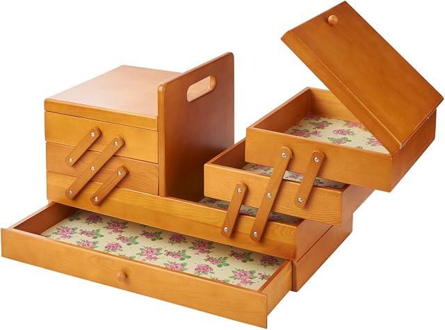 Wooden Cantilever Sewing Storage Box 45 x 23.5 x 28cm Stained Wood with Rosebud Design Interior by Sewing Online