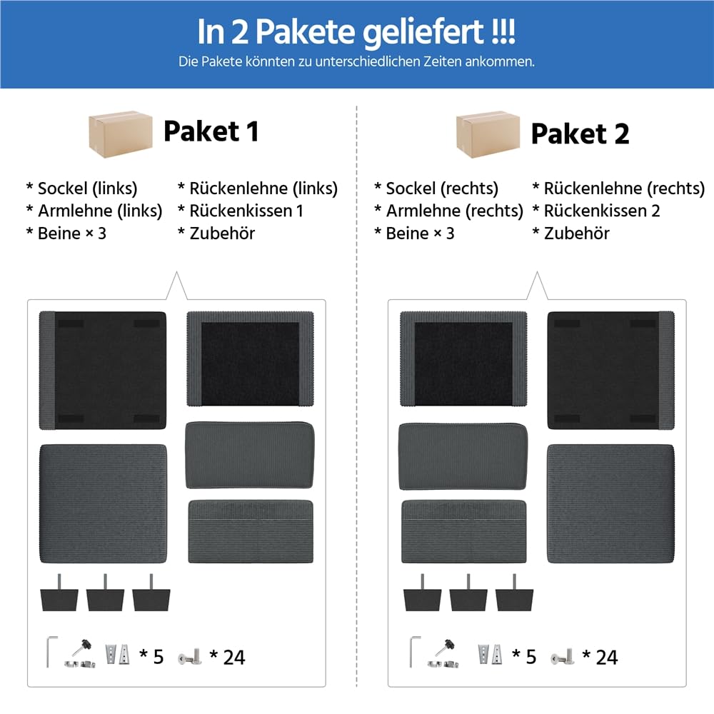 Yaheetech Sofa 212 x 83,5 cm Polstersofa aus Cordstoff mit Abnehmbare Kissen und Rückenlehnen Couch mit Breite Armlehnen für Wohnzimmer/Schlafzimmer Dunkelgrau