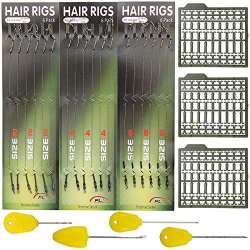 JSHANMEI 25pcs Carp Fishing Hair Rigs Kit, Including 18pcs Carp Rigs 3 Cards Boilie Stoppers and 4pcs Bait Needle Tool Carp Fishing Leader Rigging Terminal Tackle Set