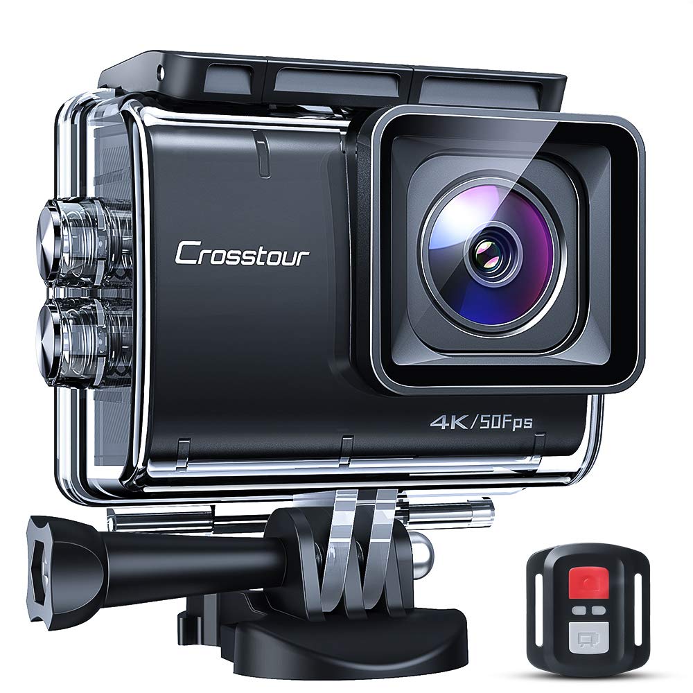 Crosstour. Action Camera Real 4K 20MP WIFI Underwater Cam 40M with EIS Anti-Shake Time-Lapse Recording Plus 2 Rechargeable 1350mAh Batteries and USB Charger and Accessories Sets