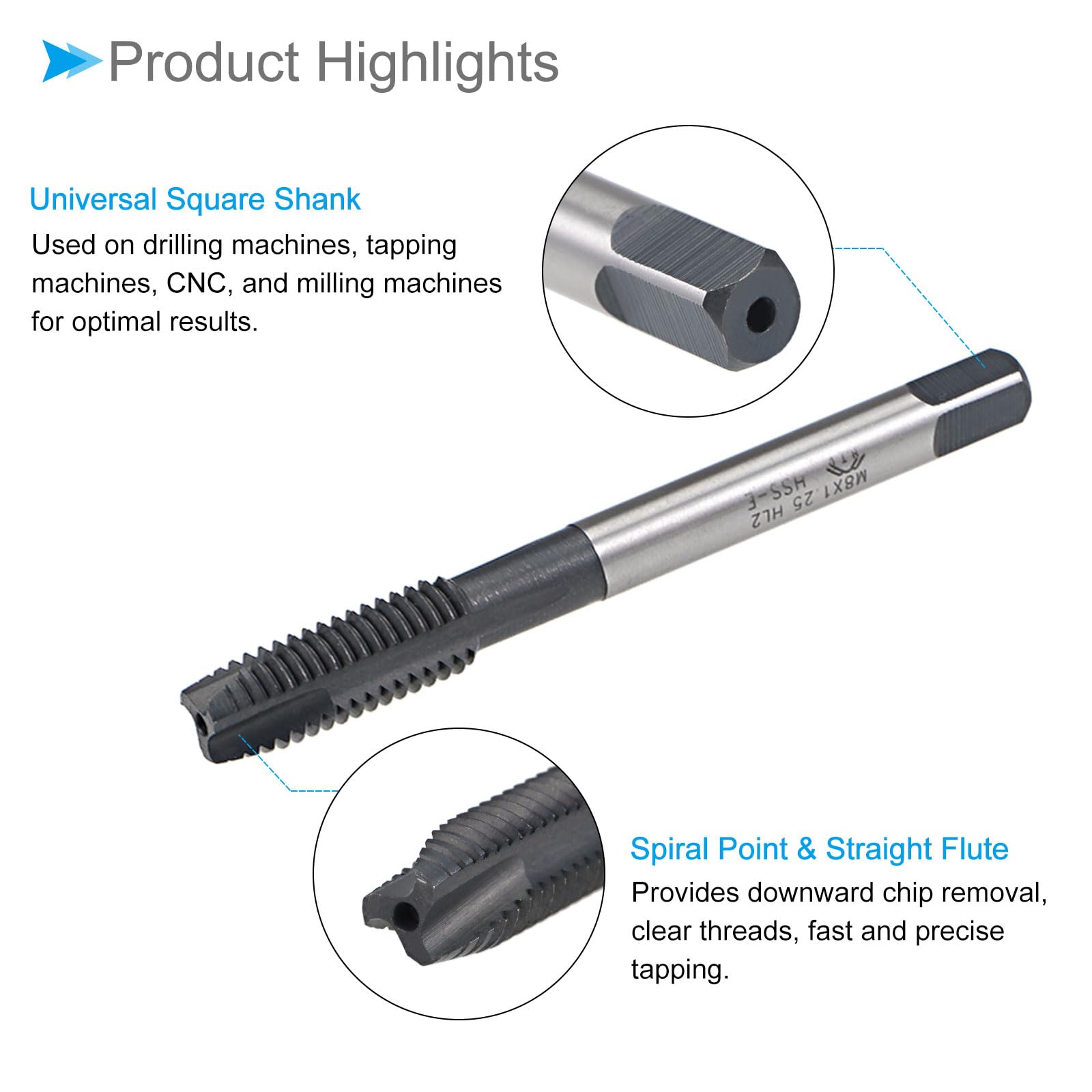 CoCud Spiral Point Tap, M8X1.25 Thread Size, TICN Coated HSS Metric Threading Tap - Image 4