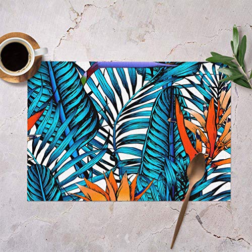 Mugod Tropical Leaves Placemats Blue Leaves Palm Tree And Orange Flowers Seamless Pattern Decorative Heat Resistant Non-Slip Washable Place Mats For Kitchen Table Mats Set Of 4 12"X18" #TOP1