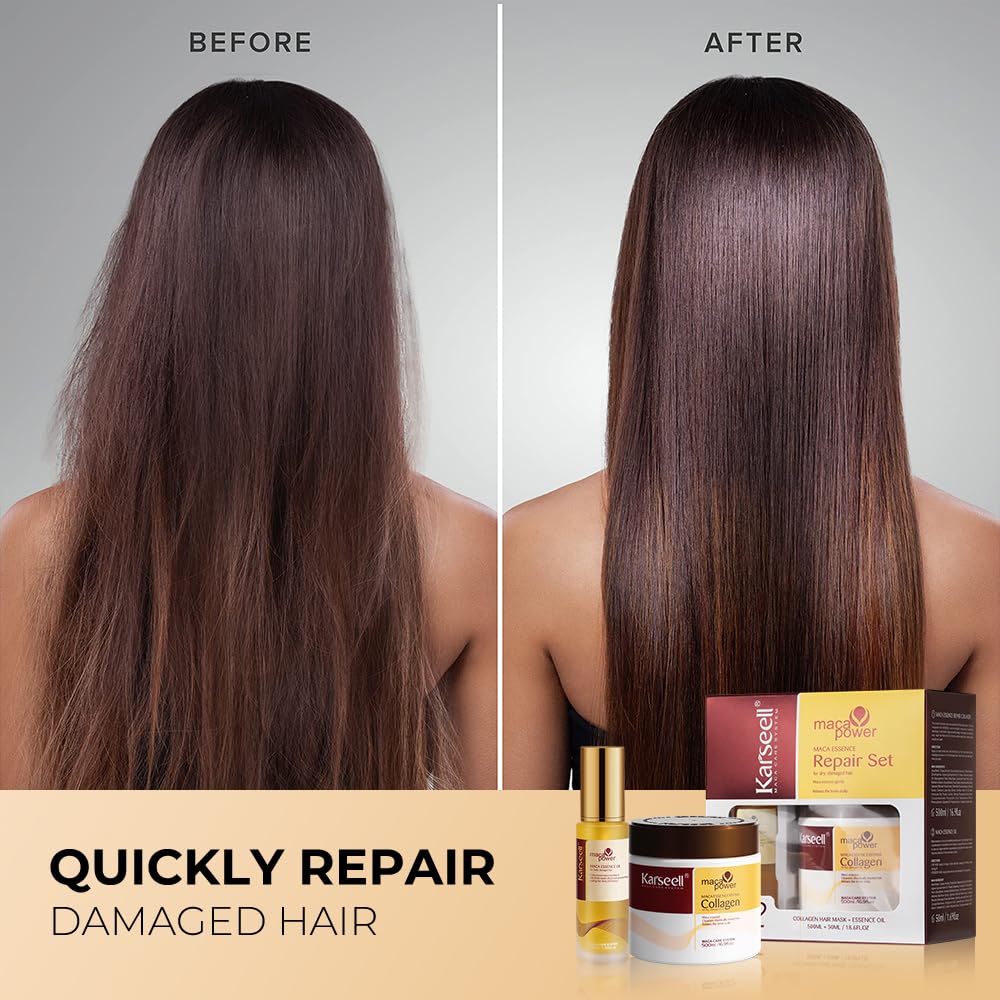 Karseell Collagen Masque Cheveux et Huile Cheveux, Maca Essence Set de Réparation pour Cheveux Secs et AbiméS Tous Types de Cheveux, 500ml +50ml