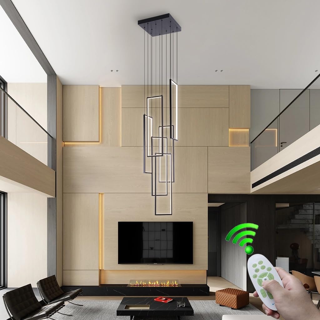 Stesulfr Black Modern Led Chandelier With Remote Foyer Chandeliers For High Ceilings 6 Lights 3000-6500K Dimmable Large Chandelier Staircase Pendant Light Fixture For Entryway Living Room Villa Hotel(,