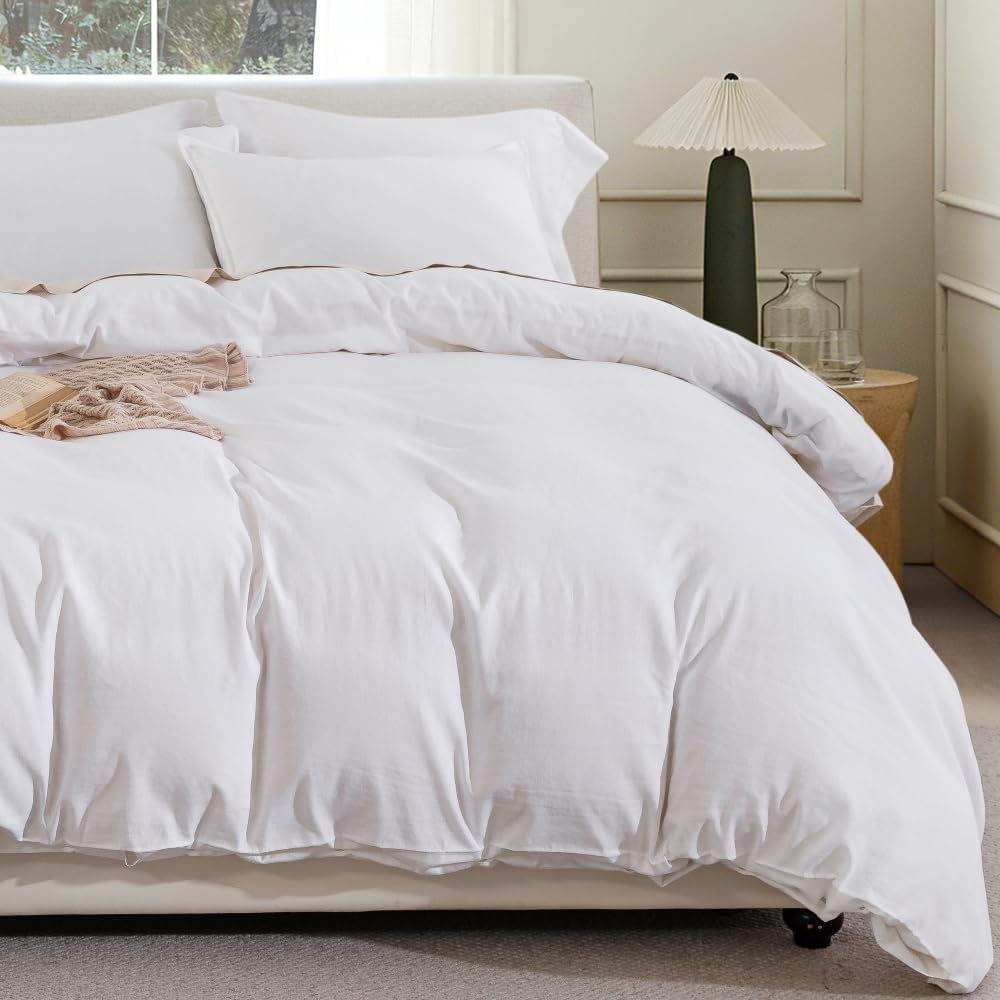 DAUAOTO Linen Blend Queen Size Duvet Cover Set - 92"x88" Duvet Cover + 2 Shams, 55% Linen 45% Cotton Bedding Sets, White