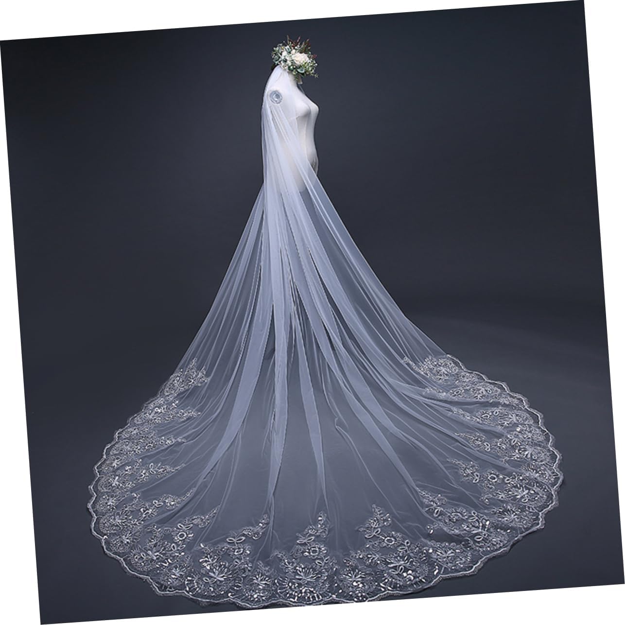 Veemoon Paillette Lace Bridal Veil Long Cathedral Style Wedding Veil Bachelorette Pure White