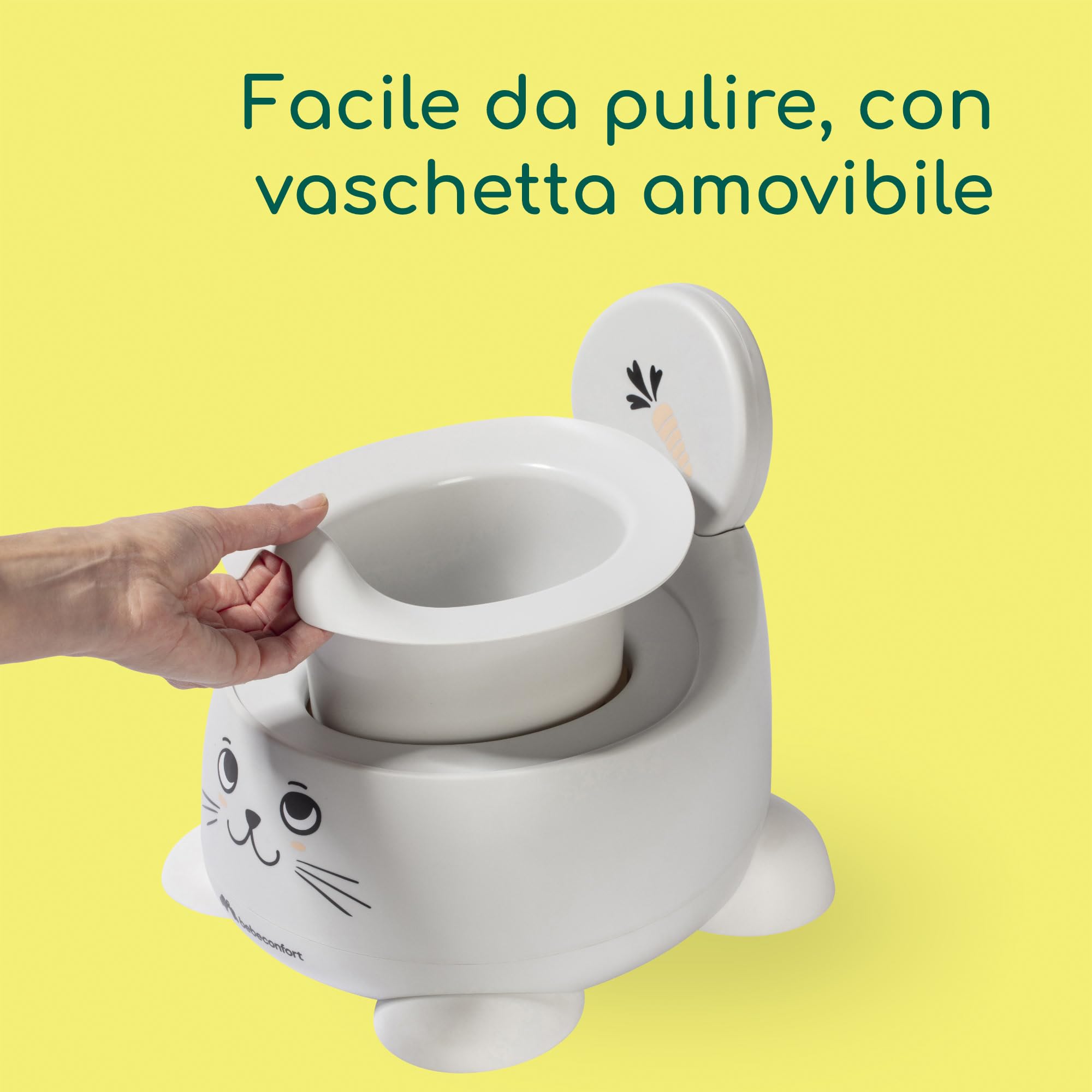Bebeconfort Comodo Vasino Bambini, 12-36 Mesi (0-20 kg), Ergonomico e Compatto, Facile da Pulire, Tazza Amovibile, Paraspruzzi Igienico, Antiscivolo, Vasino per Bambini WC, Coniglio