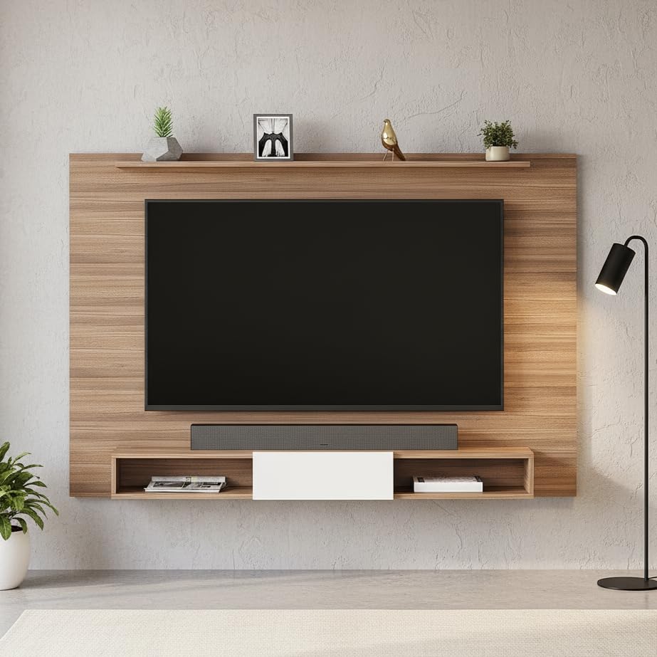 Image of FURNEASER Arsy Wall Mounted TV Unit for Living Room | Floating TV Stand with Back Panel & Storage Shelves | Modern Wooden Entertainment Center for 43 50 55 Inch TV (Exotic Teak & White)