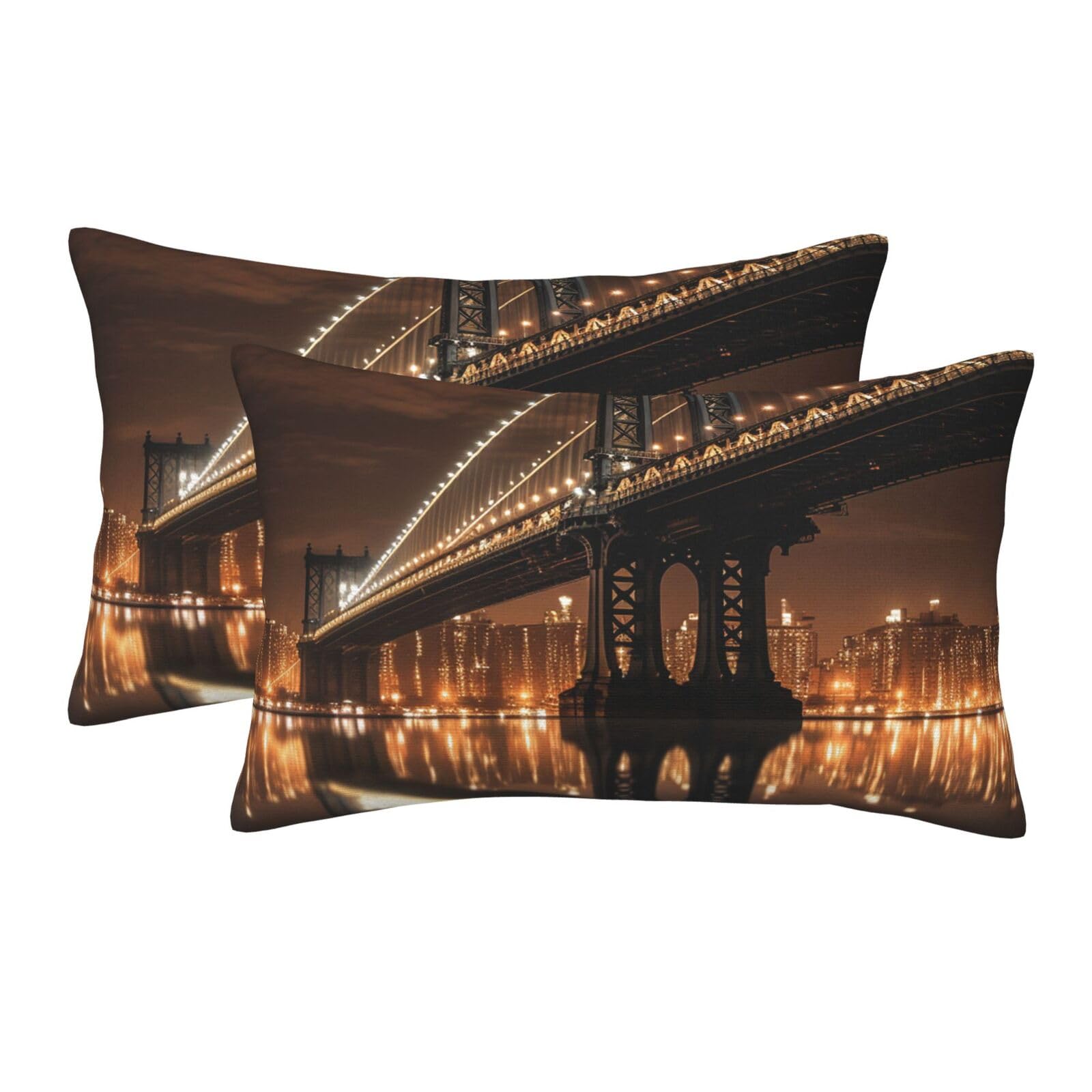 2 Pack Standard Size Pillow Cases for Hair and Skin Soft Breathable Pillow Case Covers with Hidden Zipper New York Manhattan Bridge Night Pillowcase 16"x24" Pillow Cover for Sleeping Gift