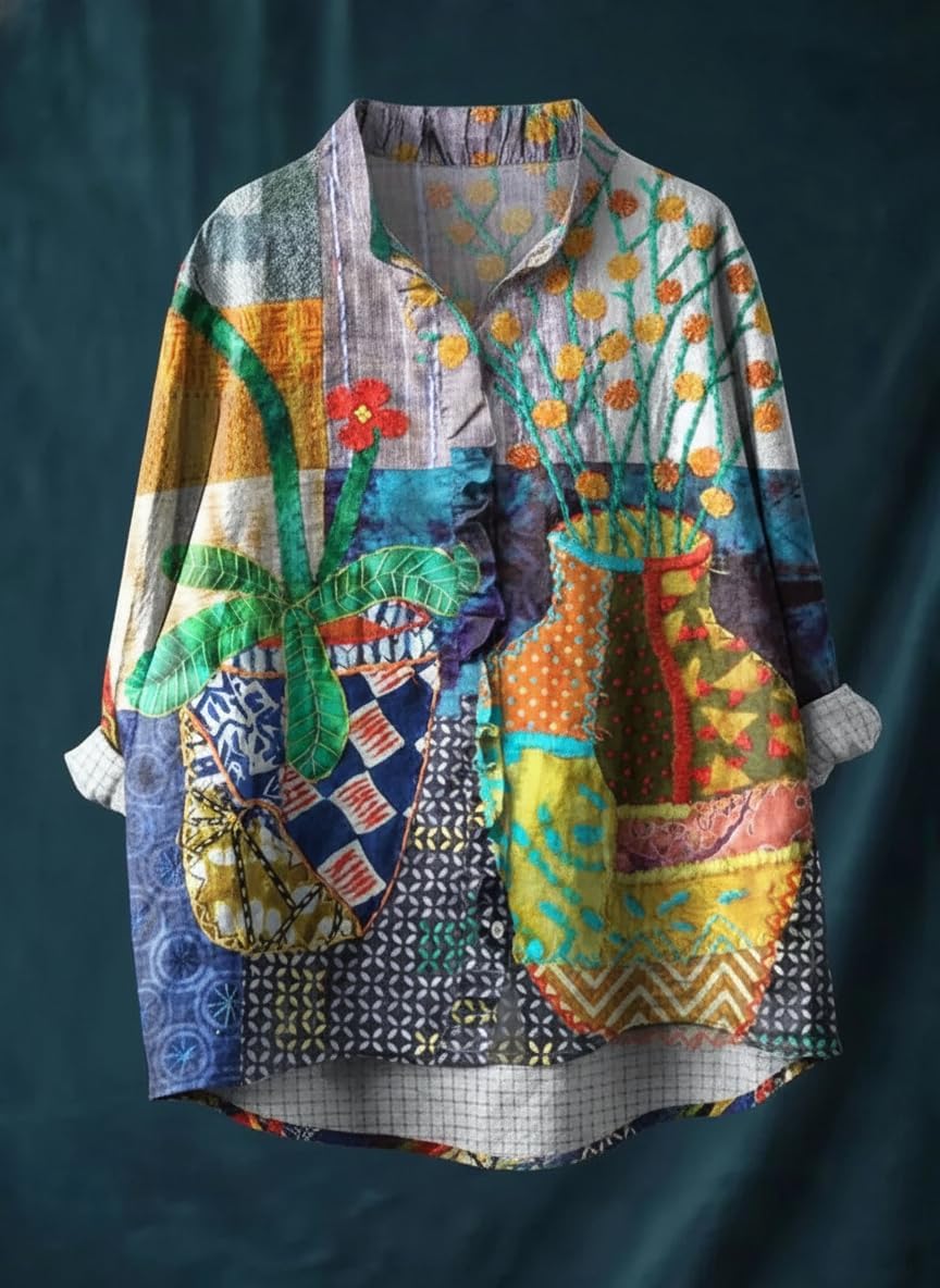 Women's Oversized V Neck Blouse 3/4 Sleeve with Irregular Hem, Floral and Pattern Print Loose Casual Shirt - Image 2