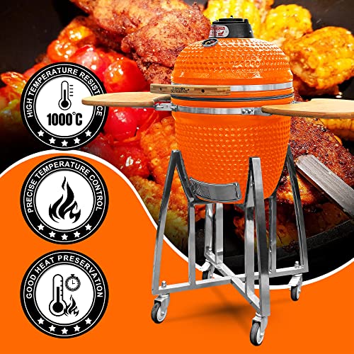 London Sunshine Ceramic Kamado Charcoal Bbq Grill - 18 Inch With Stainless Steel Stand And Double Sideboards (Orange) #TOP2