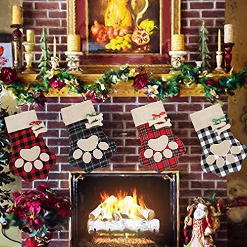Xiaxiacole Christmas Stockings For Cat Dog 2Pieces Burlap Paw Stockings For Pet Buffalo Plaid Santa Stocking Fireplace Hanging Stockings Personalize Christmas Decoration #TOP3