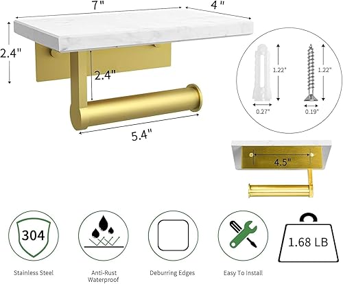 Miniatura 2 de DAYELIVE - Soporte de papel higiénico dorado cepillado con estante de mármol, soporte de papel higiénico montado en la pared de acero inoxidable