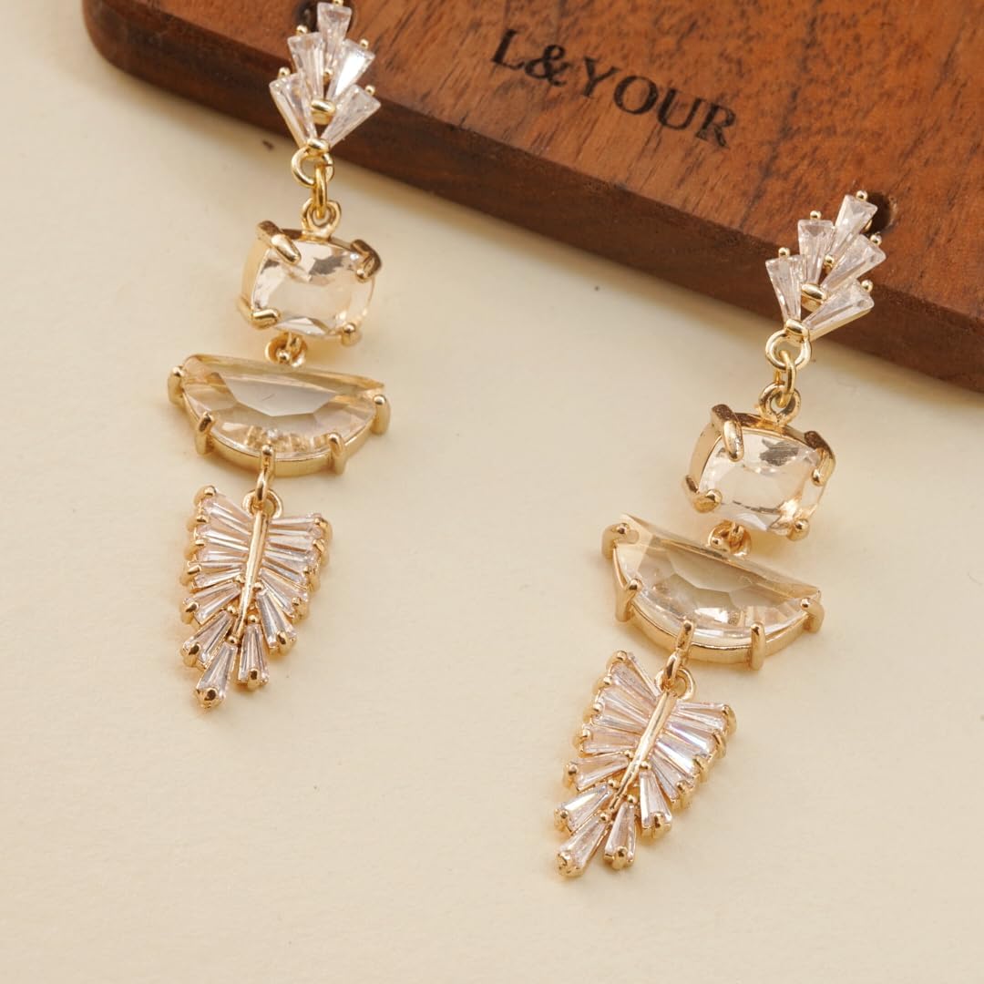 14K Gold Art Deco 1920s Crystal Sparkling Rhinestone Cubic Zirconia Chandelier Statement Vintage Dangle Drop Bridal Earrings for Weddings, Bridesmaids, and Prom Jewelry Gifts