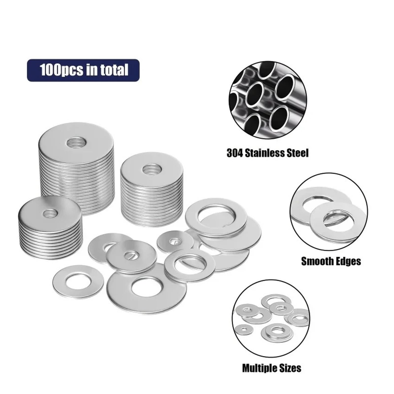 Edelstahl Beilagscheiben 100-teiliges Kotflügelscheiben-Set aus Edelstahl, flache Unterlegscheiben for Schrauben und Bolzen, Metall-Unterlegscheiben-Set (12 Größen M3–M12), sortiert, groß