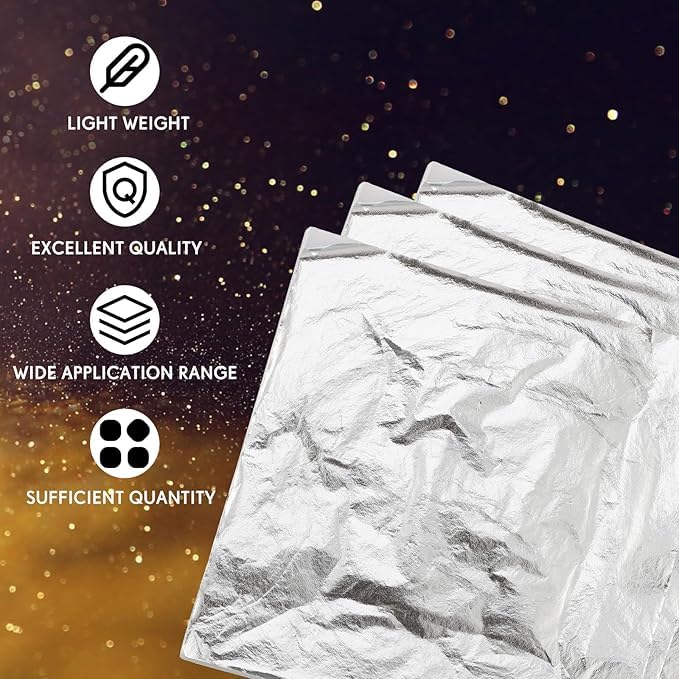 Image of A.K GOLD LEAF 100 Sheets 8x8cm Silver Leaf Sheets Foil Paper for Gilding Crafting DIY Arts Project Crafting Decoration Makeup Spa Art Craft Work (Silver)