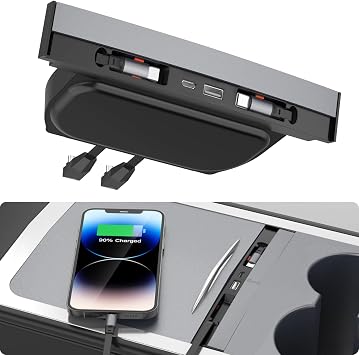 Retractable Center Console Car Charger Dock for Tesla Model 3 / Model Y | Durable ABS Construction, 4-Port Fast Charging with 2 Retractable Charging Cables, Dustproof Design, Easy Installation