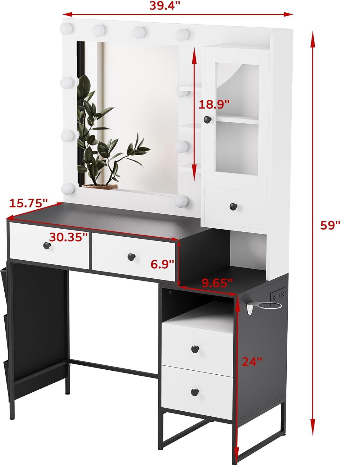 39" W Vanity Desk with Mirror, Makeup Vanity Set with Power Outlet and Comfortable Bench, Big Dressing Table with Lights Mirror and Drawers for Makeup, Modern Vanity for Bedroom Black
