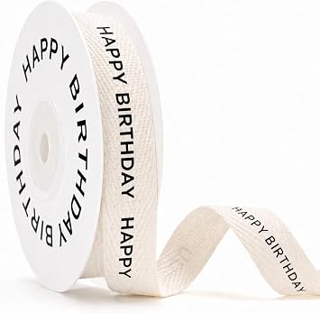 KINGLAKE Happy Birthday Cotton Ribbon 5/8 Inch x 10 Yards Natural Twill Tape Herringbone Cotton Crafts Gift Wrapping Ribbon for Birthday Party Gifts Wrapping