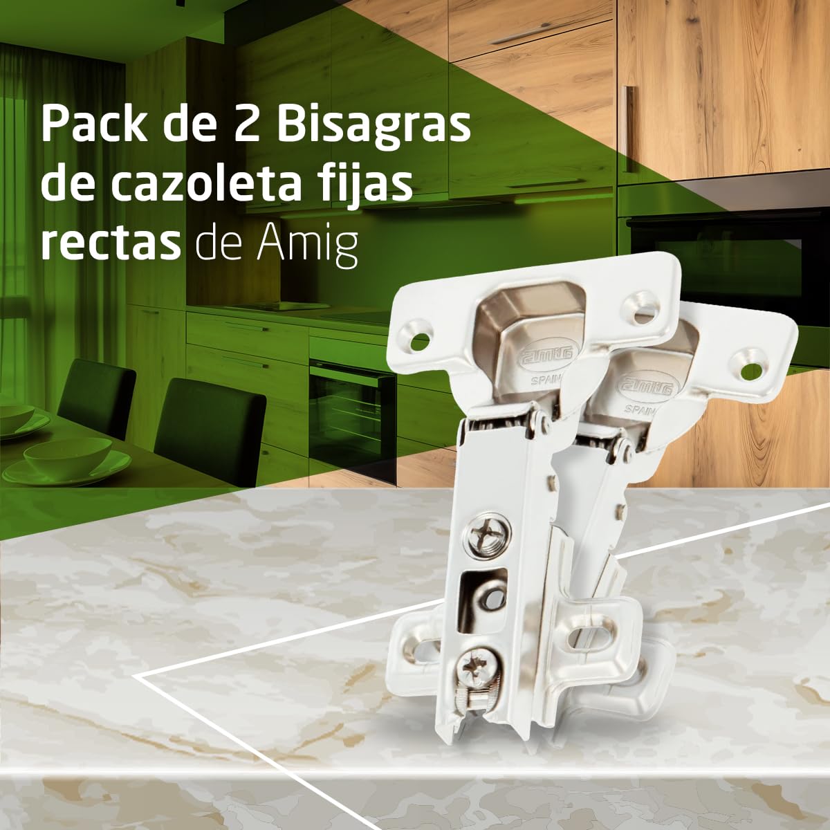 Amig - Pack de 2 Bisagras de Cazoleta Rectas - Ø35 mm - Acero Niquelado - Apertura 110° - Instalación Oculta para Muebles de Cocina, Oficina y Armarios - Tornillos Regulables (No Incluidos)