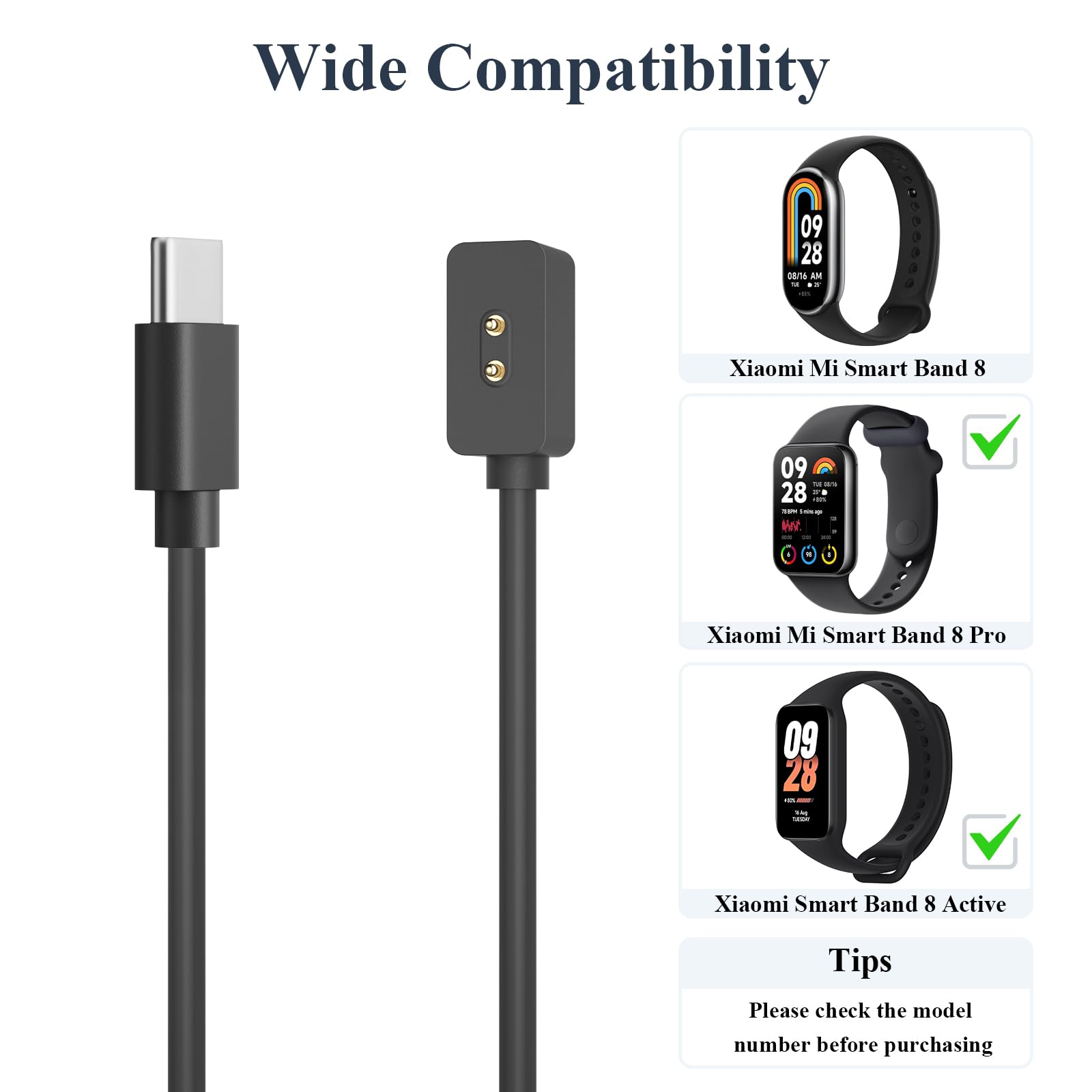 Meliya Ładowarka USB C do Xiaomi Smart Band 9/9 Pro/9 Active, kabel szybkiego ładowania Xiaomi Mi Band 9/9 Pro/9 Active (100 cm)