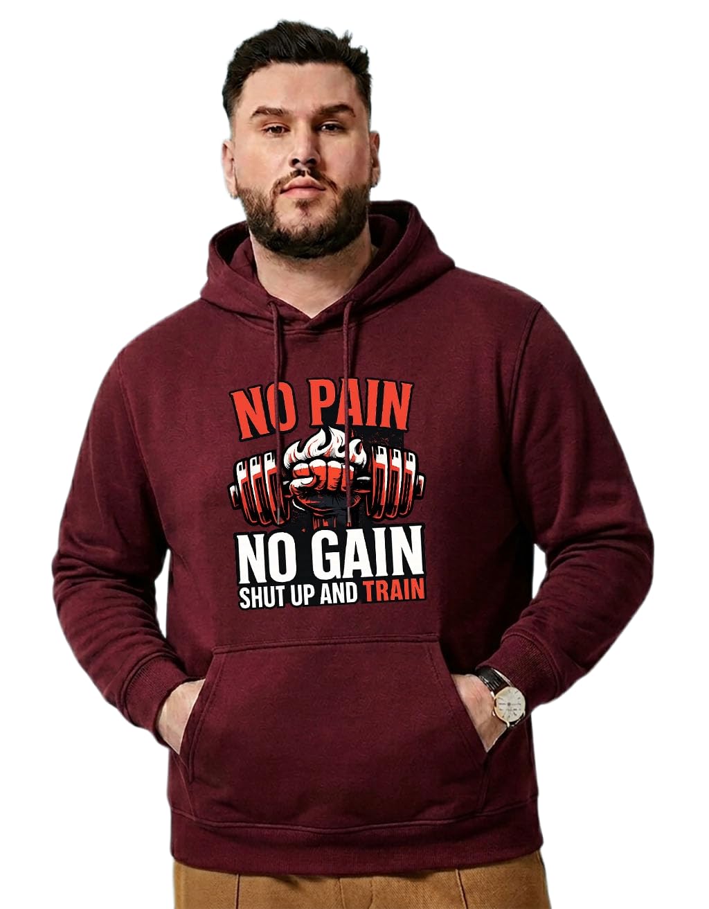 Vannguard Mens Maroon Full Sleeve Graphic Printed Fleece Hooded Sweatshirt | Hoodies Plus Size Collection for Men & Women | Gym Motivational Hoodie | No Pain No Gain-image-33