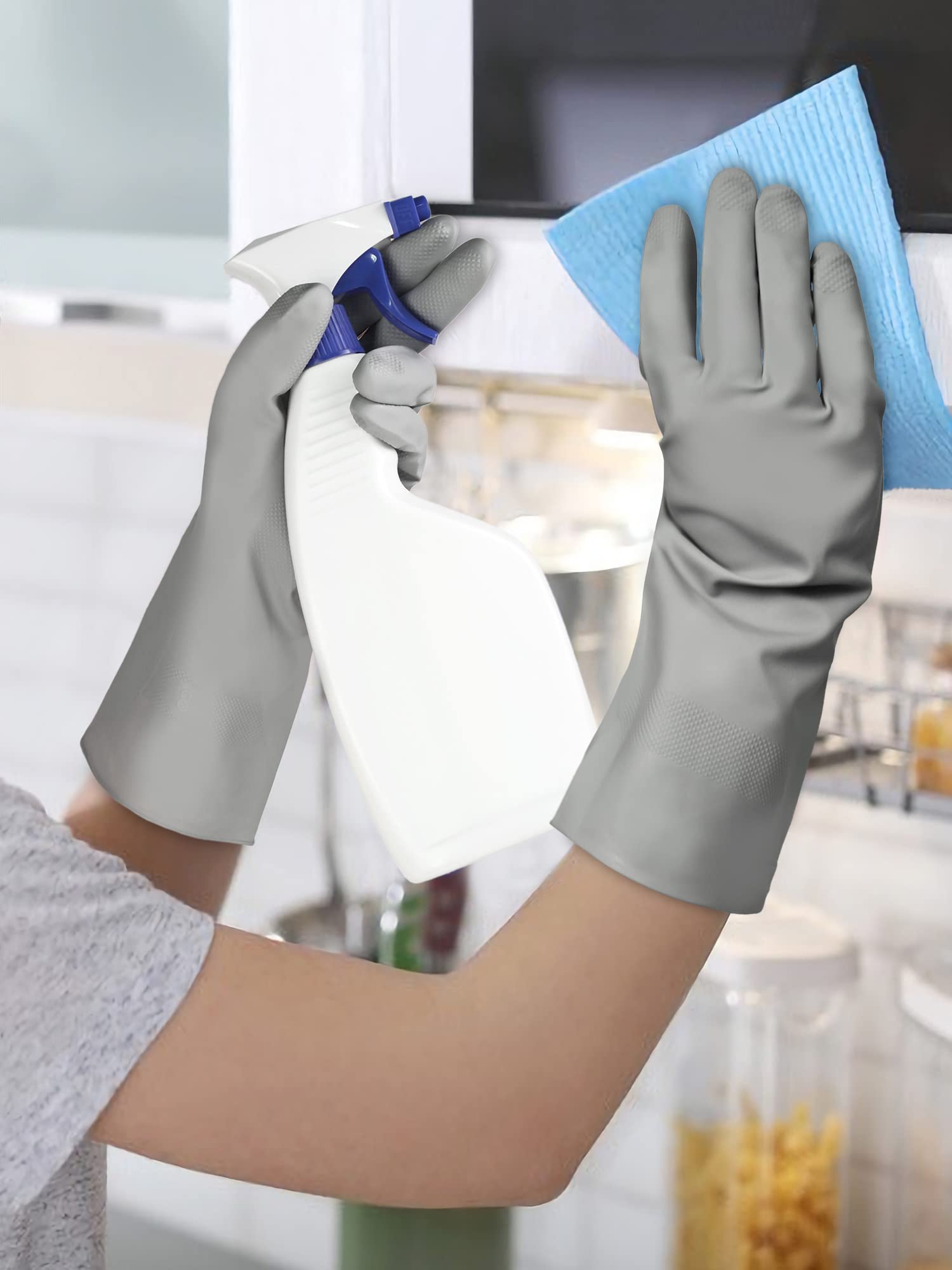 Cleanbear Guantes de limpieza de goma sin látex, reutilizables, ligeros y duraderos, juego de 3 con 2 pares de guantes grises y 1 par de blancos (12 pulgadas)