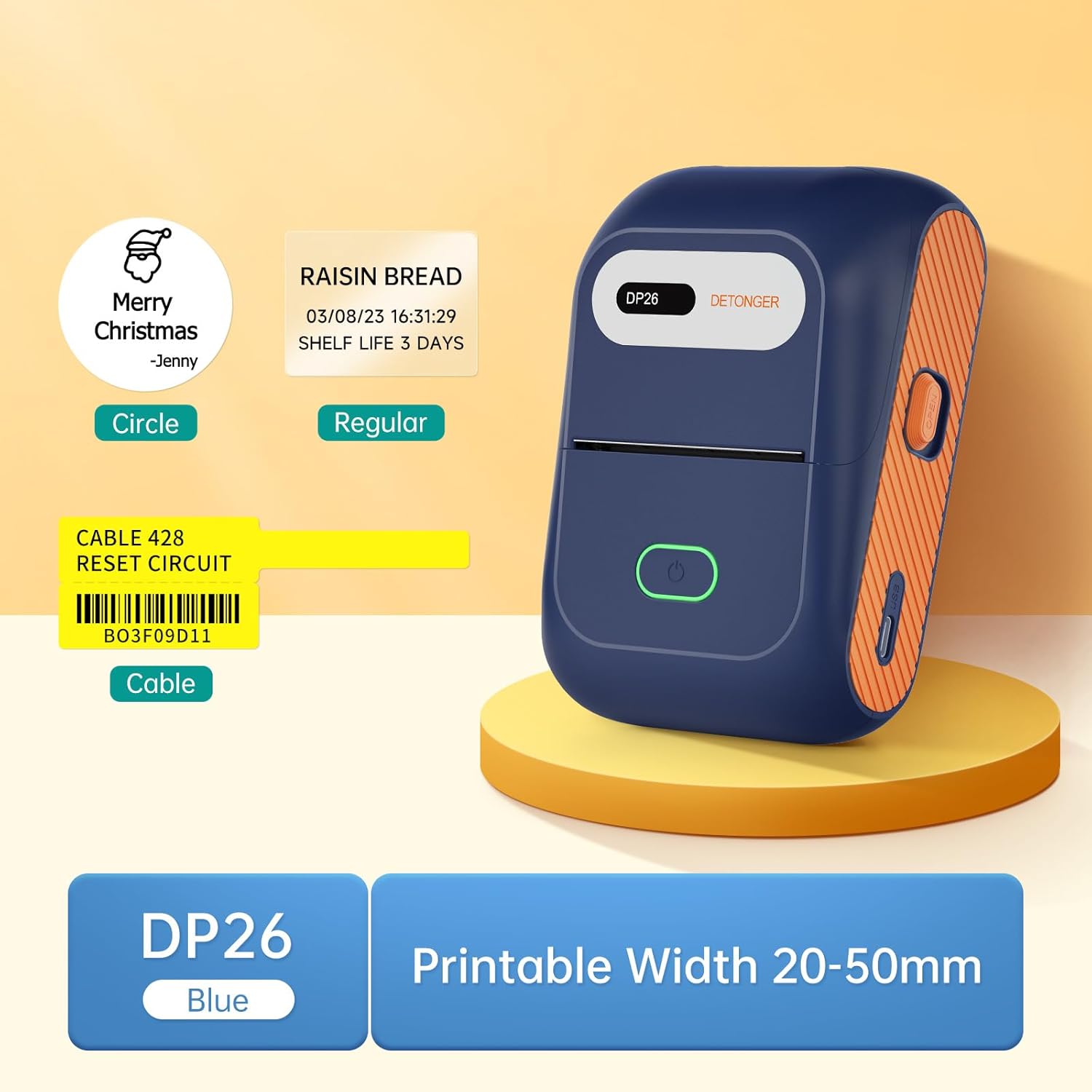 DP26 Label Maker Machine with Tape Portable Thermal Printer Bluetooth Sticker Maker Compatible with Android iOS PC Barcode Label Printer for Small Business, Home, Kitchen, School, Office (Blue)