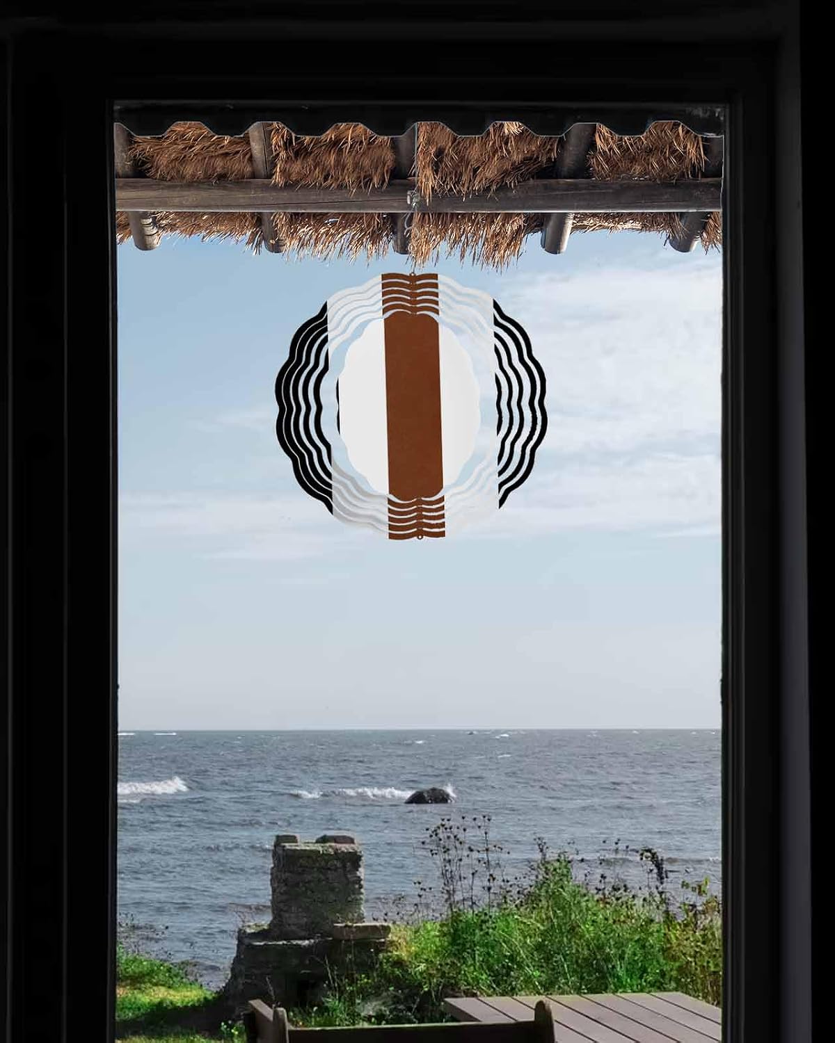 Boho Wind Spinners, Retro Modern Brown Black Stripes Hanging Wind Spinners for Yard and Garden 3D Stainless Steel Metal Sculptures Crafts Ornaments 12 Inch