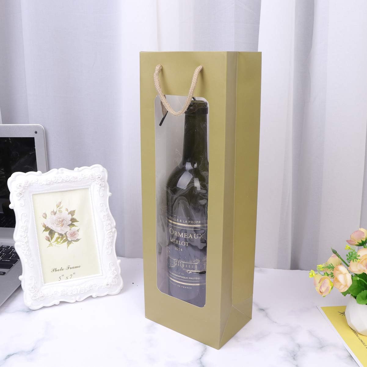 12PCS Red Wine Bags Kraft Paper Bags with Handles (Gold)