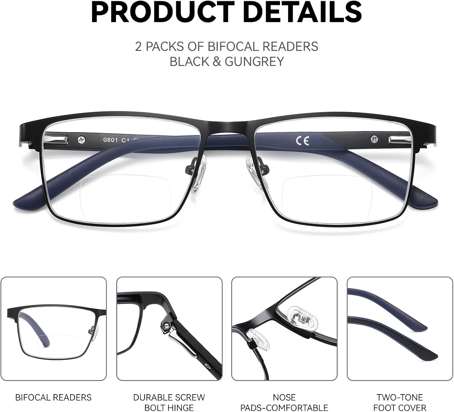 2 Pack Multifocal Progressive Reading Glasses Men, Blue Light Multifocus Bifocal Readers for Mid and Near Range - Image 4