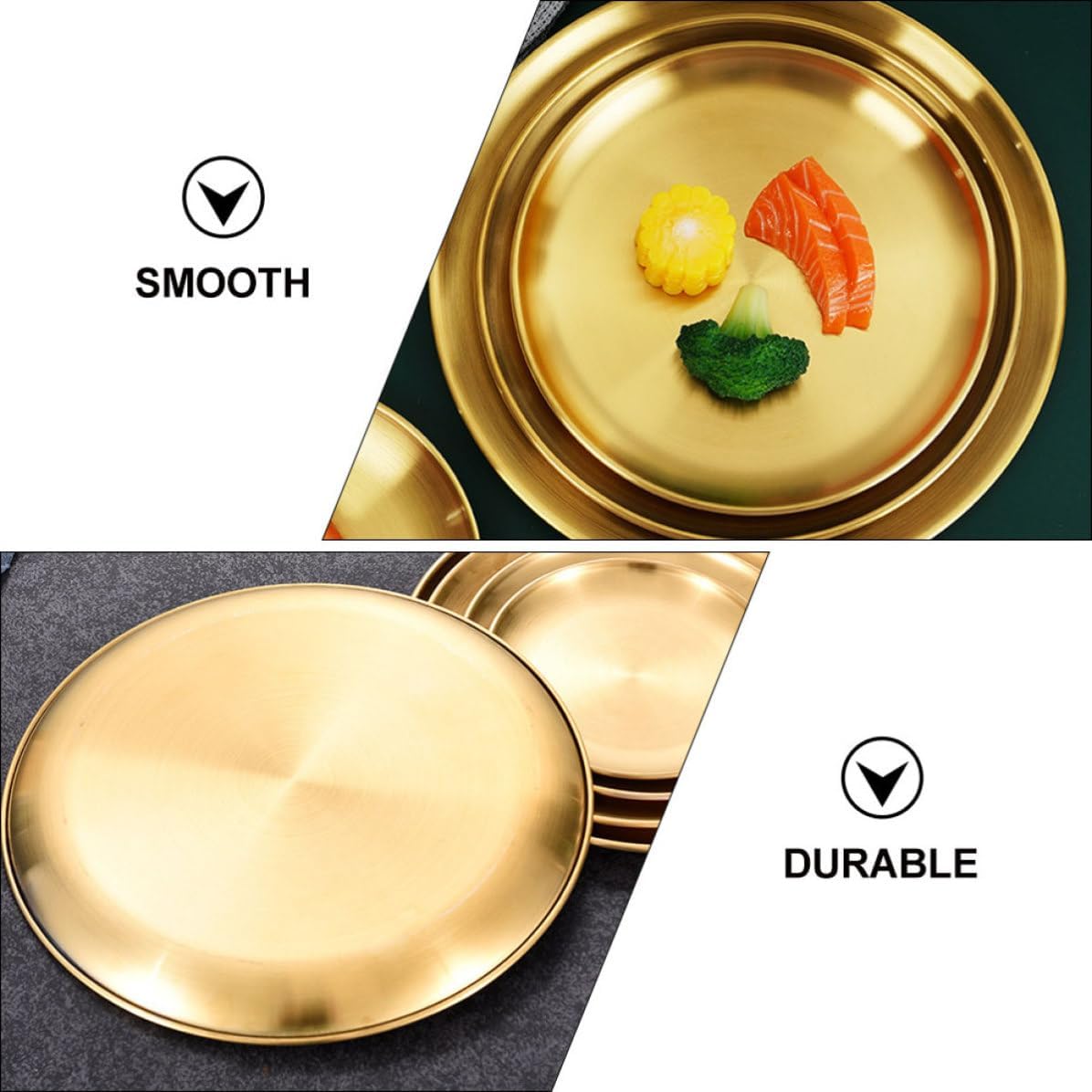 6pcs Golden Stainless Steel Plates Set for Camping and Picnic round Metal Plates with Smooth round Edge Easy to Wash for Adults
