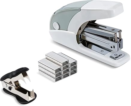 PAPERPAL Effortless Stapler Set, 20 Sheet Capacity, White | Half-strip stapler with built-in staple storage; includes 1,000 1/4-inch staples and a staple remover for office and school.