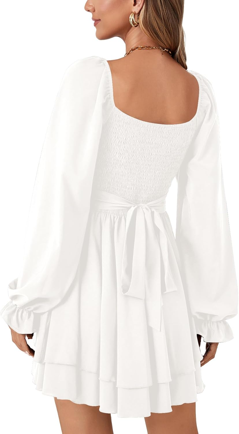 Rooscier Women's Lantern Flounce Long Sleeve Ruffle Layer Tie Mini Short Dress - Image 5