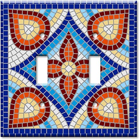 Art Plates - Decorative Light Switch Plate Cover Plate - Decorative Metal Wall Plate - 2 Gang Toggle - Blue - White Spanish Mosaic Tile (PRINTED IMAGE) - (Made in USA)