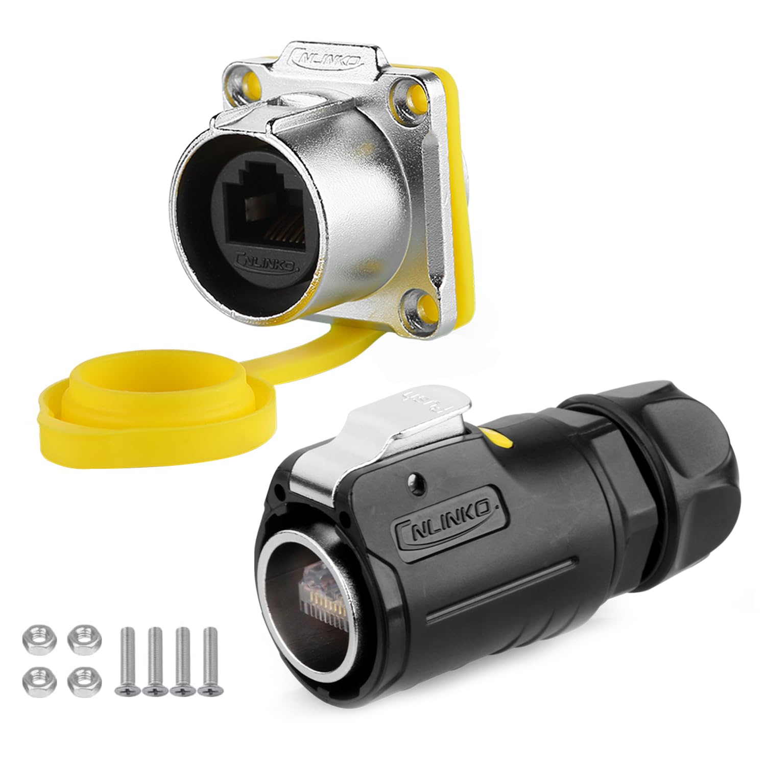 CNLINKO LP-24 RJ45 Connectors, 8P8C Dual Port Connector,Circular Connector for Network Connections, Panel Mount Receptacles Socket IP67 Waterproof Connector M24 (RJ45 Set)
