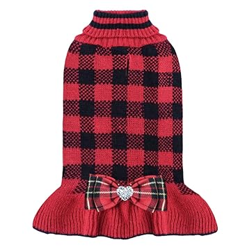 KYEESE New Year Dog Sweaters Dress for Small Medium Dogs with Leash Hole Checkered Dog Sweaters Turtleneck with Bowtie Dog Apparel for Winter