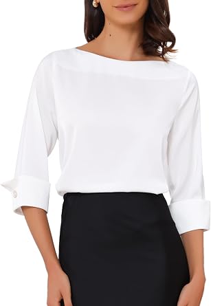 Allegra K Satin Blouse for Women Elegant Dressy Tops Boat Neck 3/4 Sleeve Business Work Shirt