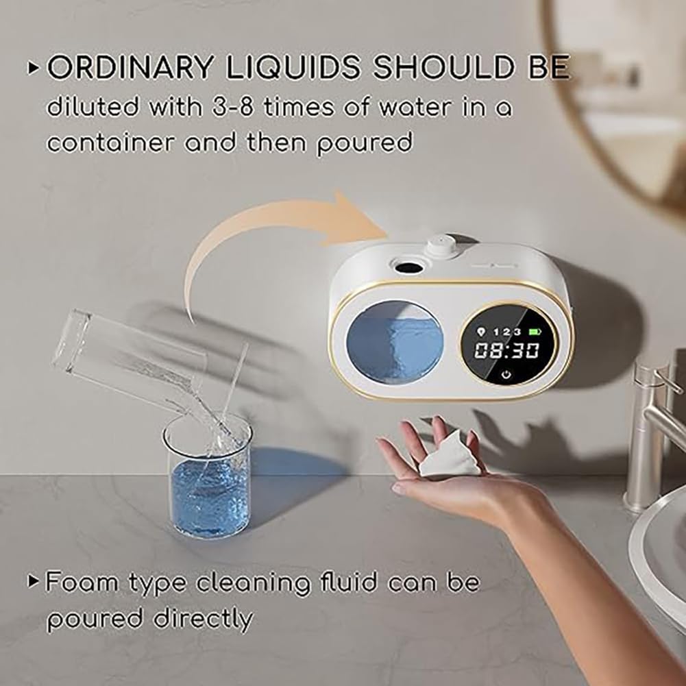 Dispensador Automático De Jabón Espumoso con Reloj Digital Led HD, Dispensador De Jabón Montado En La Pared, Recargable De 3000 Mah, Ajustable En 3 Niveles, Dispensador De Jabón Sin Contacto
