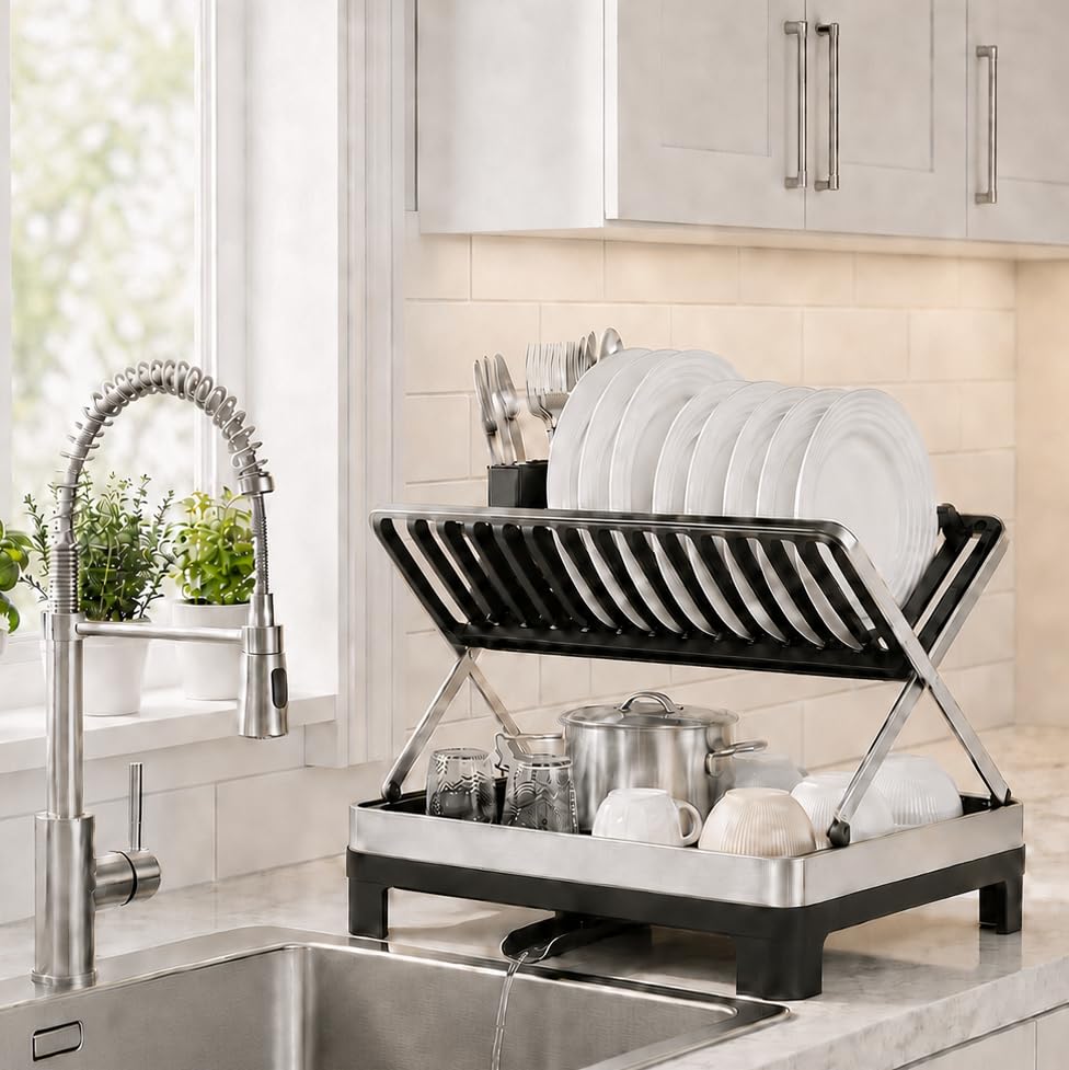 Urakify Large Stainless Dish Drying Rack for Kitchen Counter, Black