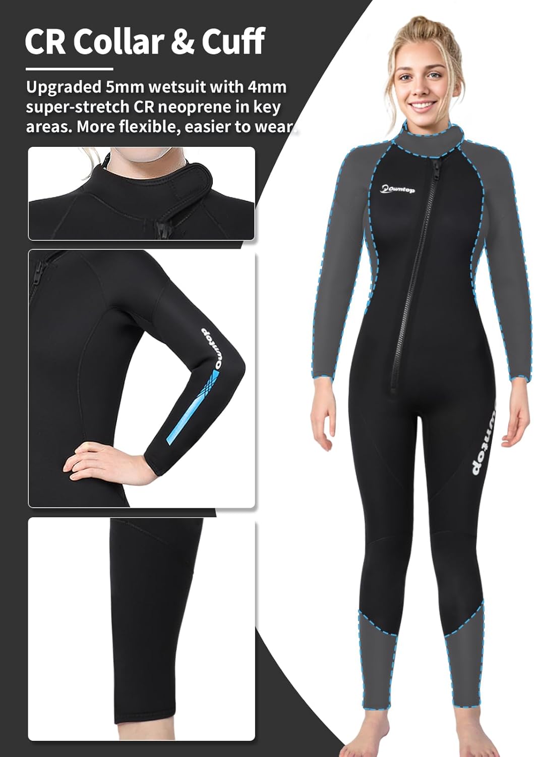 Owntop Wetsuit 5mm Neoprene Diving Suit - Mens Womens Thicken Full Wet Suit, Front Zip Long Sleeve UPF50+ Keep Warm Swimwear for Scuba Surfing Swimming Diving Snorkeling Water Sports - Image 4