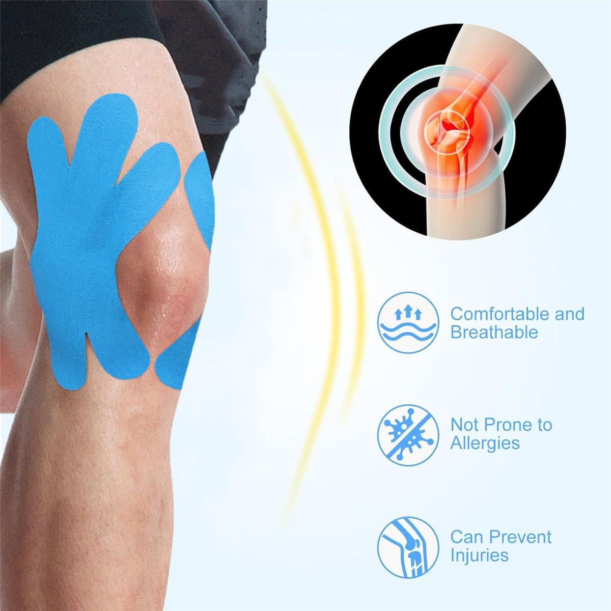 Precut Kinesiology Tape for Knees, 20 Pcs Pre-Cut Waterproof Knee Tape Relief Athletic Tapes, Hypoallergenic Cotton Elastic Sports Joints Muscle Tape Strips for Knee Support & Stability,