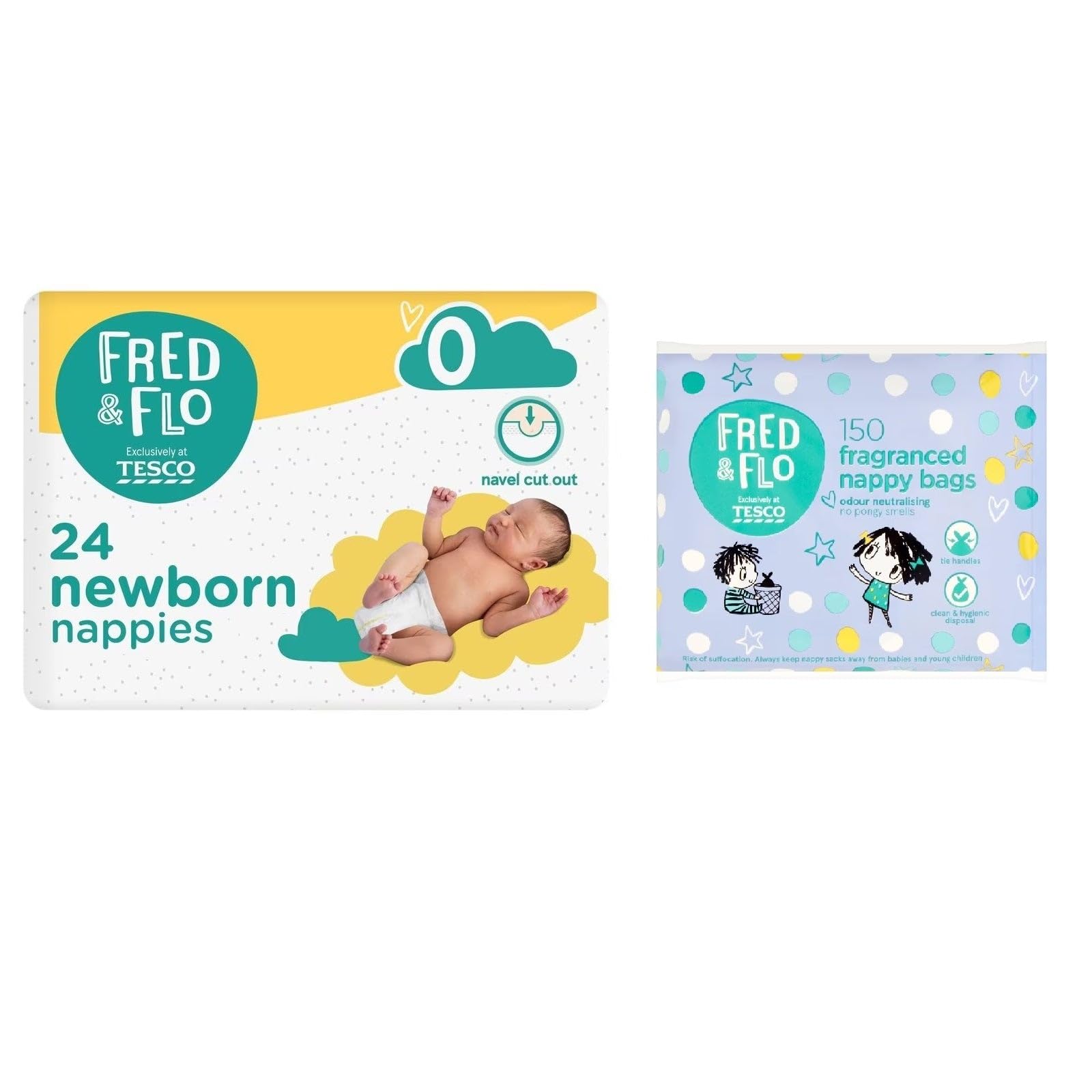 Fred & Flo Size 0 Nappies Newborn 24 Pack + 150 Nappy Bags