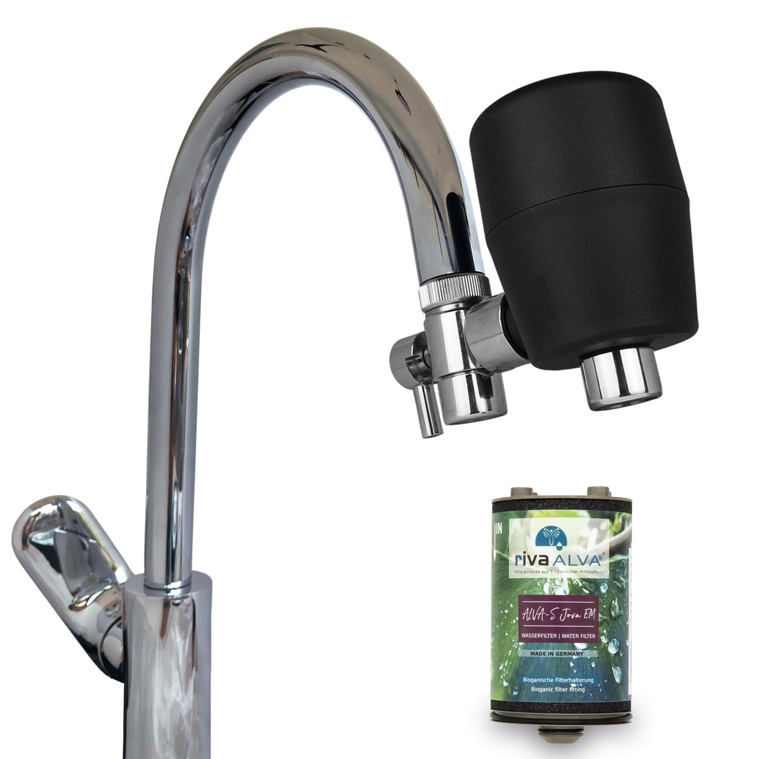 rivaALVA-S Jova EM Wasserhahnfilter schwarz - Trinkwasserfilter mit Blockaktivkohle, Virenmembran und EM-Keramik - 2in1 Filterung und Vitalisierung