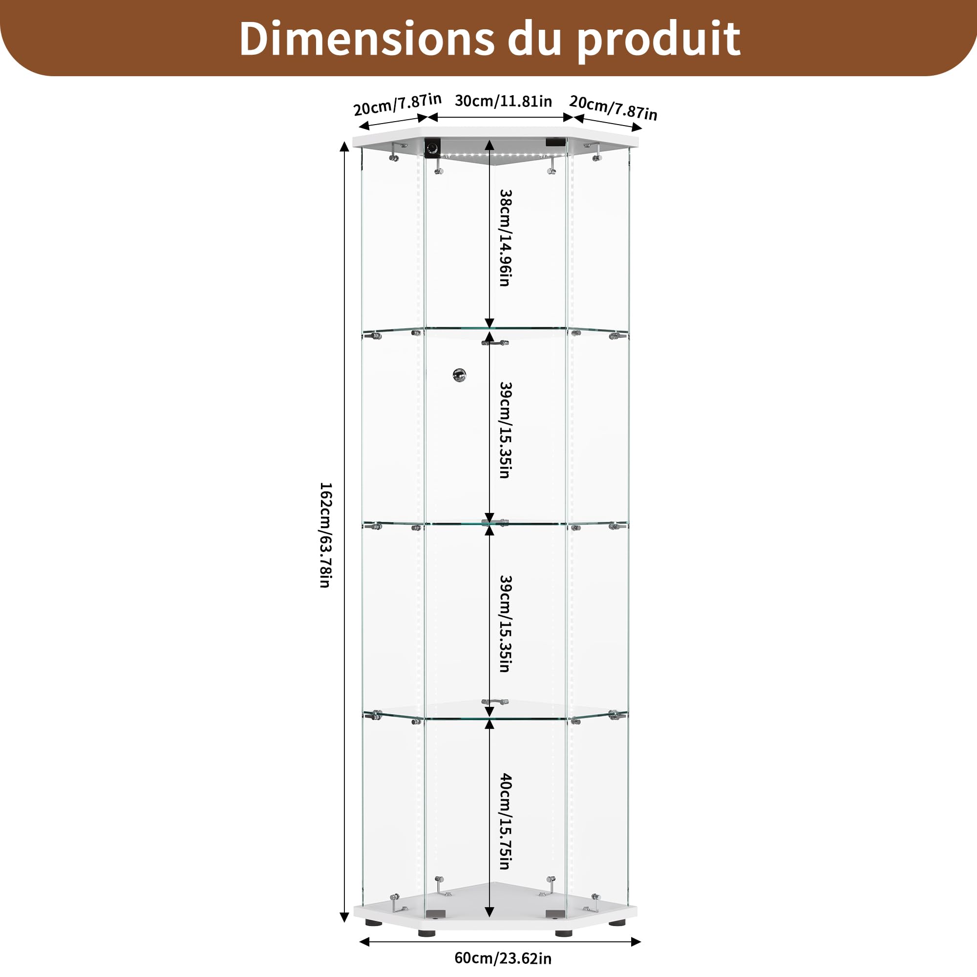 Vetrina angolare in vetro, vetrina su base in vetro LED, 4 ripiani 1 anta con porta, mobile vetrina in vetro con porta e serratura armadio vetrine a cinque angoli 162 x 60 x 35 cm (1 porta 4 strati