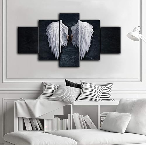 Miniatura 6 de Urttiiyy Lienzo decorativo de alas de ángel para pared, diseño de plumas de ángel en el suelo, pinturas en la pared, 5 paneles, carteles grandes,