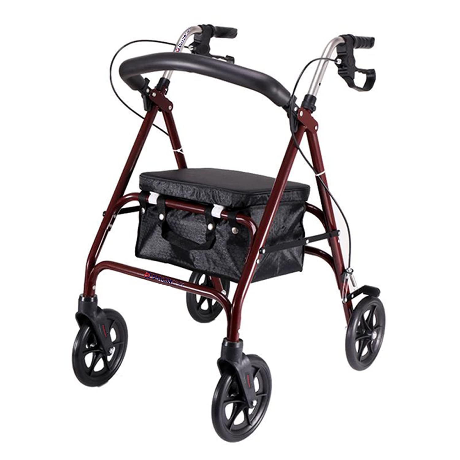 Mobility Aid Rollator Walker with Seat, Steel Rolling Walker with 4 Wheels Supports up to 100 KG With Removable Back Support (SILVER) (Maroon)