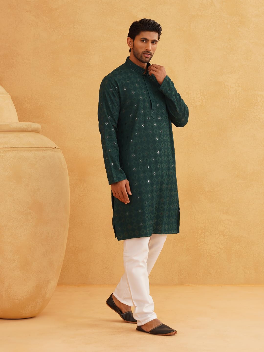 Sojanya (Since 1958 Men's Cotton Embroidered Sequinned Green Long Kurta Size 42