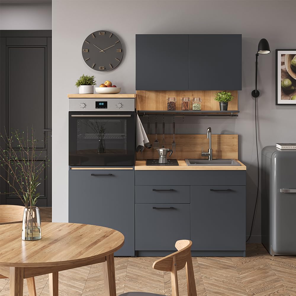 Vicco Küchenzeile Egbert, Anthrazit, 160 cm mit ausziehbarem Tisch, mit integriertem Tellertrockner und seitlichen Regalablagen